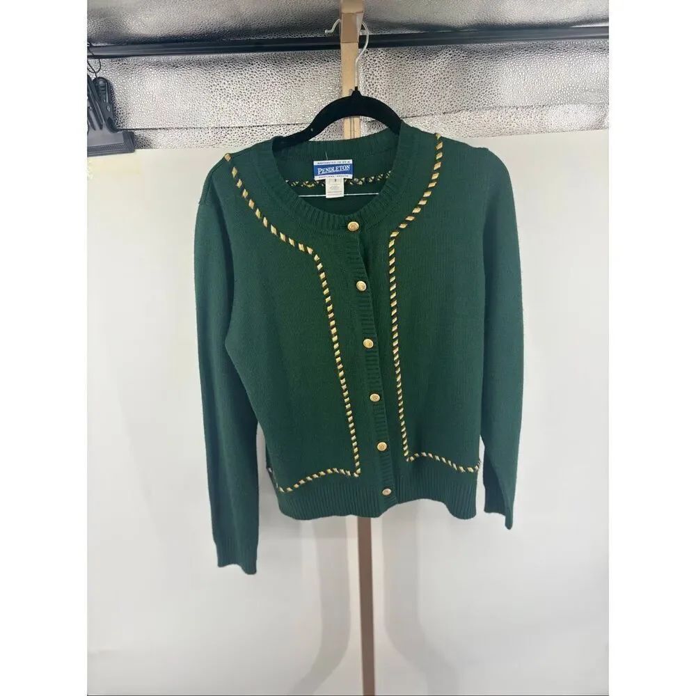 Pendleton Vintage Cardigan Sweater Green Gold Whipstitch Crest Buttons Size S